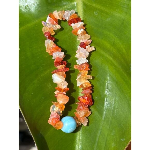 B99. Mexican Fire Opal Chips with 10mm Larimar Bracelet - Handmade in Maui - Picture 4 of 6